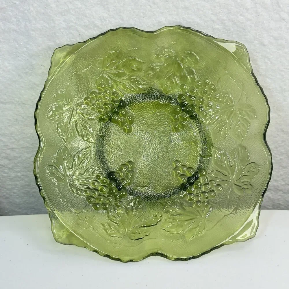 Vintage Anchor Hocking Green Footed Grape And Leaves Serving Bowl Trinket Dish